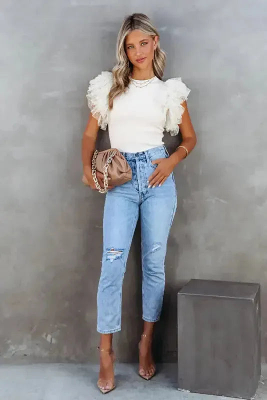 Dotty Mesh Ruffle Sleeve Ribbed Knit Top - Fashionfitz