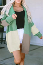 Draped Open Front Chunky Cardigan - Green Colorblock - Fashionfitz