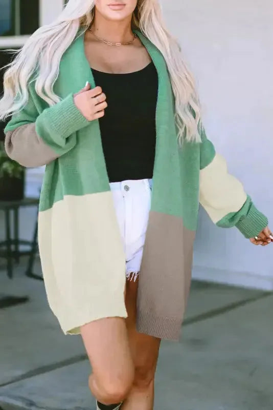 Draped Open Front Chunky Cardigan - Green Colorblock - Fashionfitz