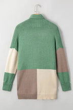 Draped Open Front Chunky Cardigan - Green Colorblock - Fashionfitz
