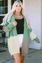 Draped Open Front Chunky Cardigan - Green Colorblock - Fashionfitz