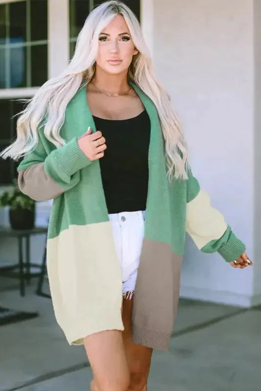 Draped Open Front Chunky Cardigan - Green Colorblock - Fashionfitz