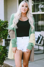 Draped Open Front Chunky Cardigan - Green Colorblock - Fashionfitz