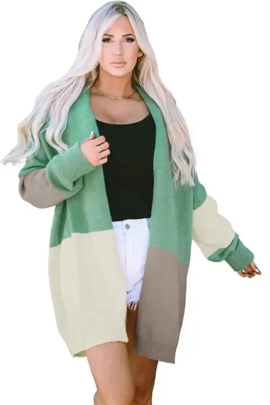 Draped Open Front Chunky Cardigan - Green Colorblock - Fashionfitz
