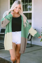 Draped Open Front Chunky Cardigan - Green Colorblock - Fashionfitz