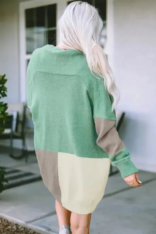 Draped Open Front Chunky Cardigan - Green Colorblock - Fashionfitz