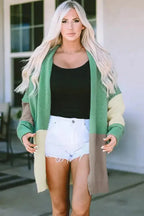 Draped Open Front Chunky Cardigan - Green Colorblock - Fashionfitz