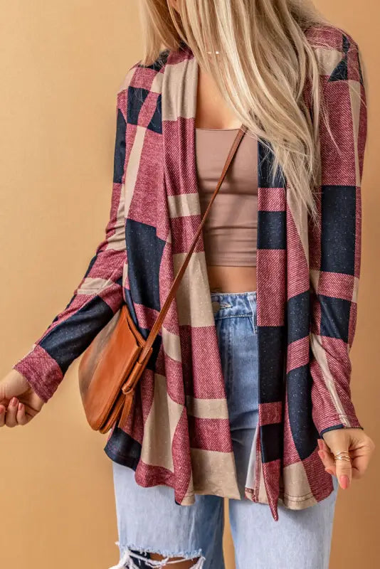 Draped open front plaid cardigan - sweaters & cardigans