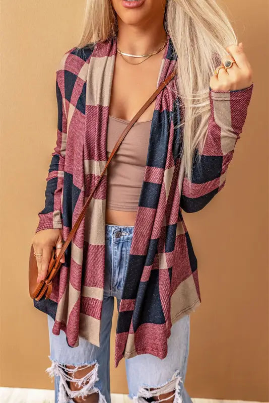 Draped open front plaid cardigan - sweaters & cardigans