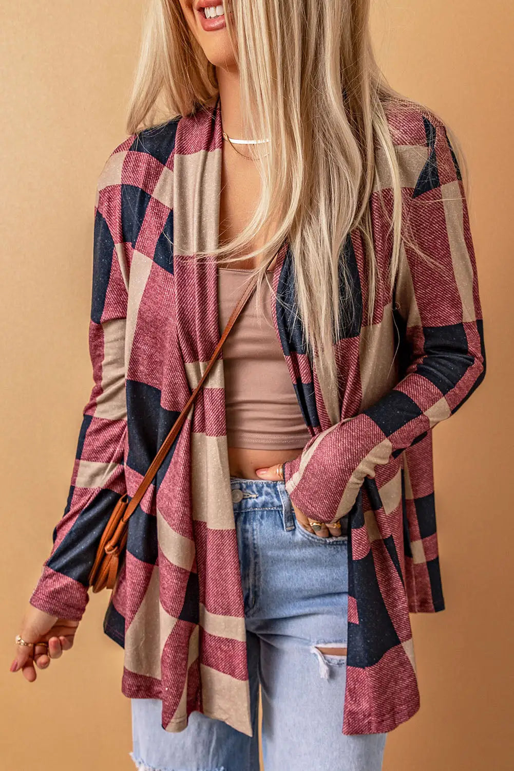 Draped open front plaid cardigan - red / s / 95% polyester + 5% elastane - sweaters & cardigans