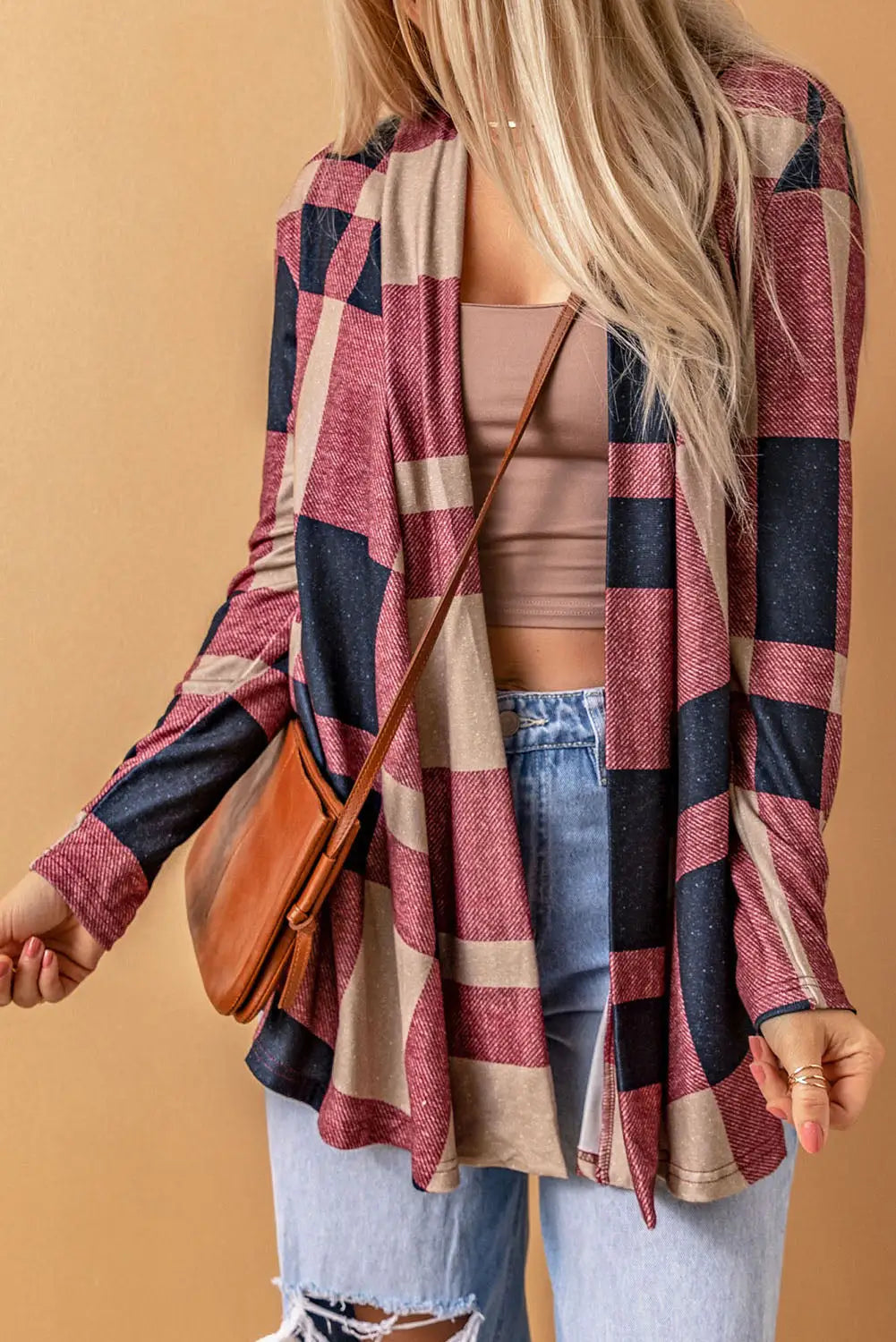 Draped open front plaid cardigan - sweaters & cardigans