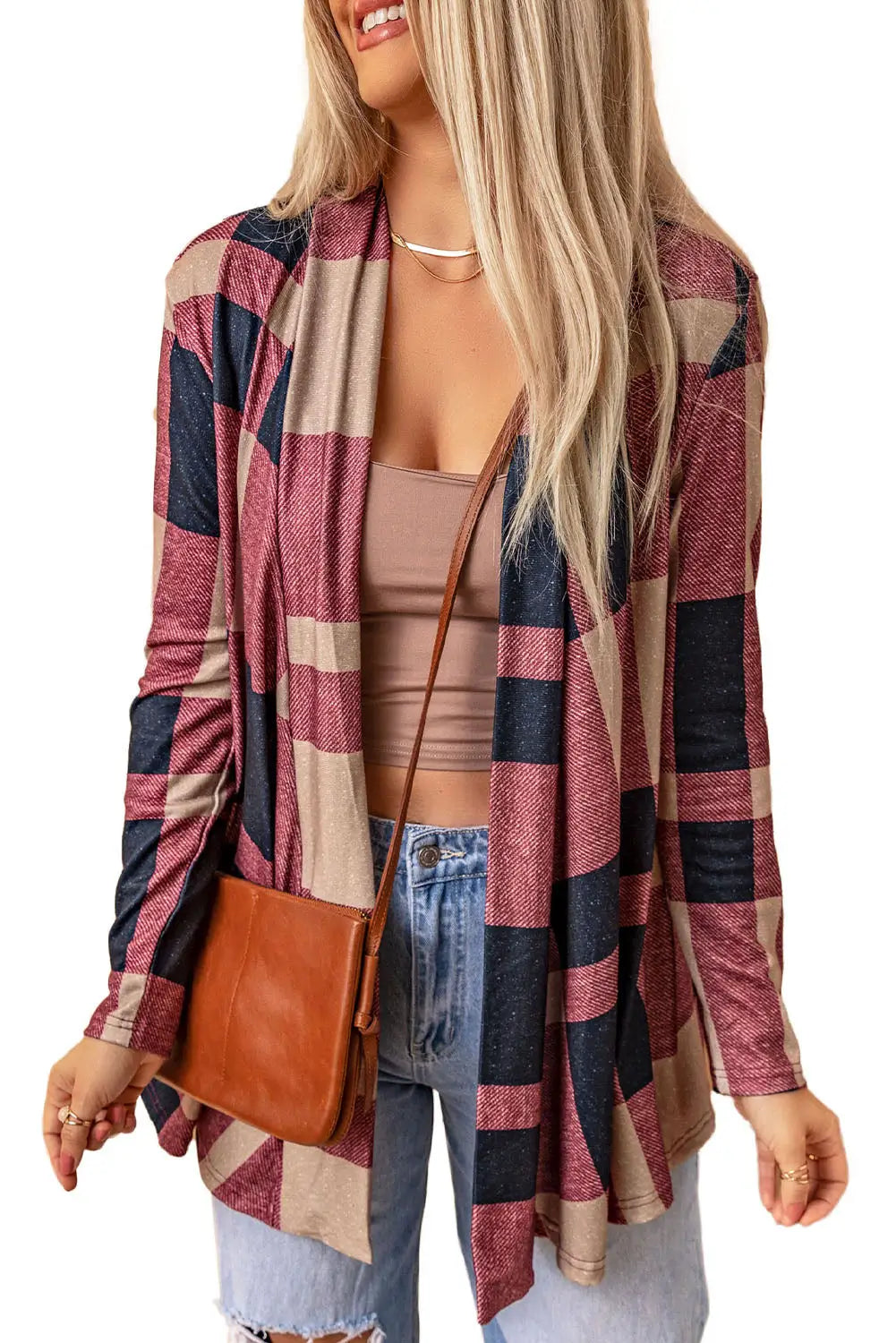 Draped open front plaid cardigan - sweaters & cardigans