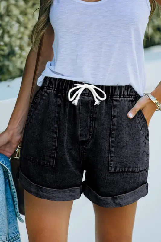 Black pocketed drawstring high waist denim shorts - 4 / 100% cotton - bottoms