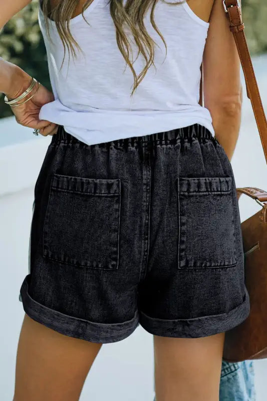 Black pocketed drawstring high waist denim shorts - bottoms