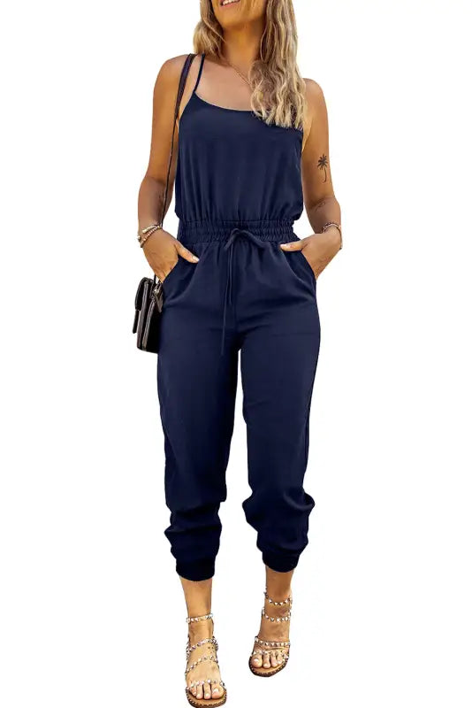 Black drawstring waist spaghetti straps jumpsuit - jumpsuits & rompers