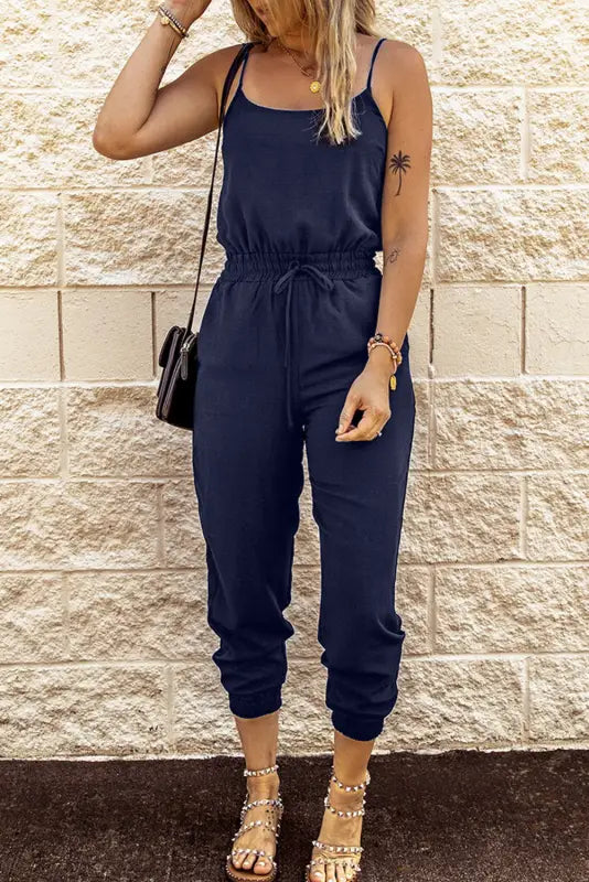 Black drawstring waist spaghetti straps jumpsuit - jumpsuits & rompers