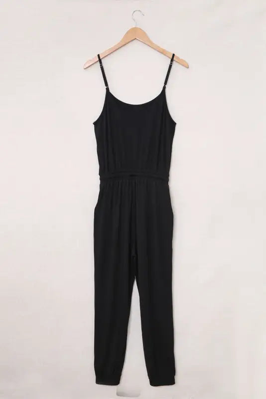 Black drawstring waist spaghetti straps jumpsuit - jumpsuits & rompers