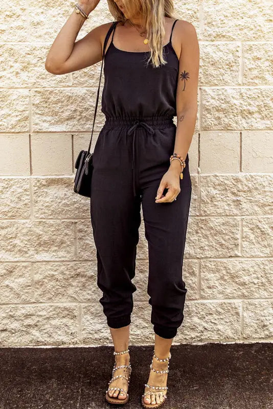 Black drawstring waist spaghetti straps jumpsuit - jumpsuits & rompers