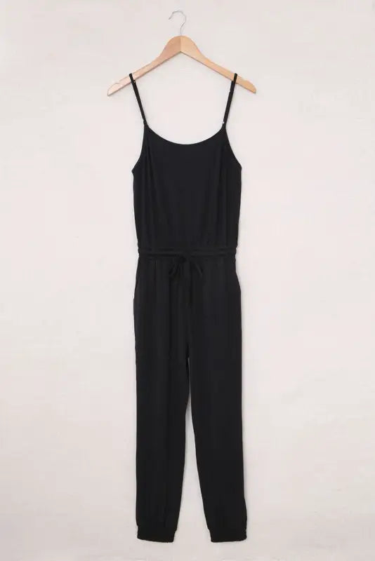 Black drawstring waist spaghetti straps jumpsuit - jumpsuits & rompers