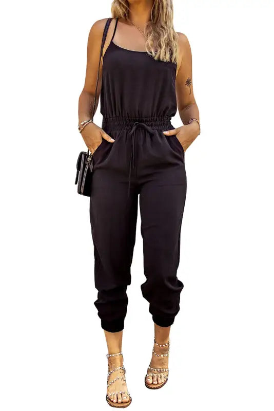 Black drawstring waist spaghetti straps jumpsuit - jumpsuits & rompers