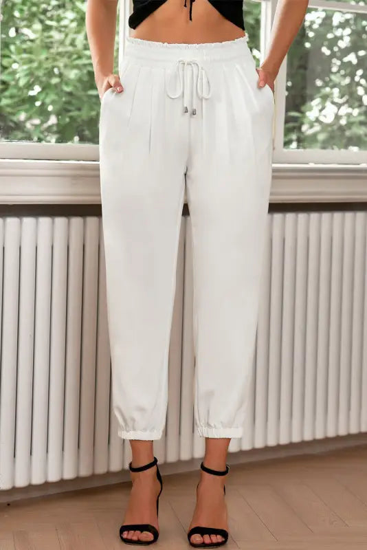 Drawstring smocked waist joggers - white / s / 100% polyester