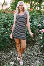 Black Stripe Ribbed Knit Sleeveless Mini Dress - Fashionfitz
