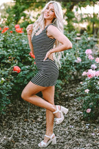 Black Stripe Ribbed Knit Sleeveless Mini Dress - Fashionfitz