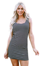 Black Stripe Ribbed Knit Sleeveless Mini Dress - Fashionfitz