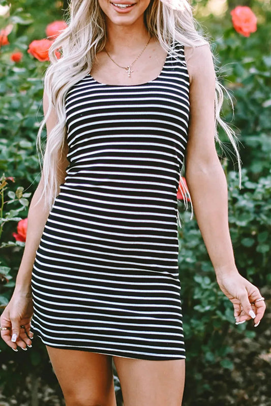 Black Stripe Ribbed Knit Sleeveless Mini Dress - Fashionfitz