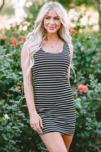 Black Stripe Ribbed Knit Sleeveless Mini Dress - Fashionfitz