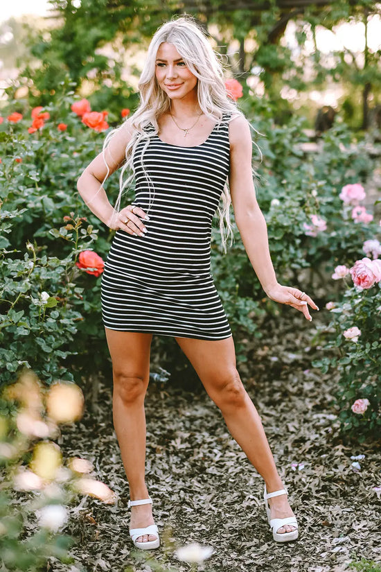 Black Stripe Ribbed Knit Sleeveless Mini Dress - Fashionfitz