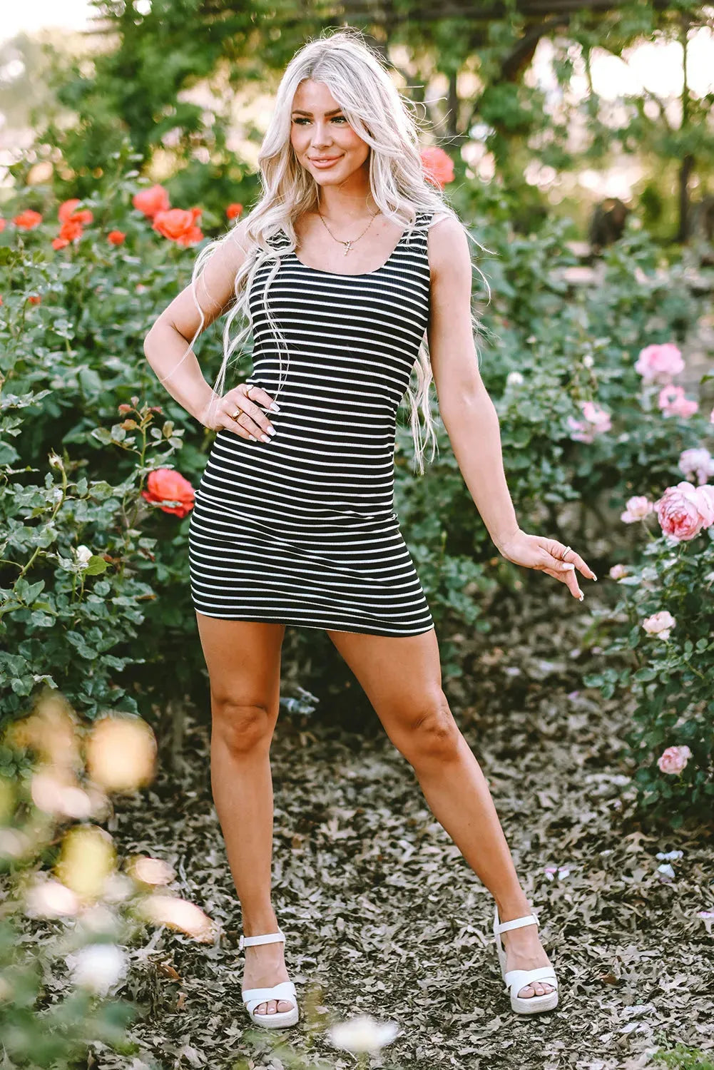 Black Stripe Ribbed Knit Sleeveless Mini Dress - Fashionfitz