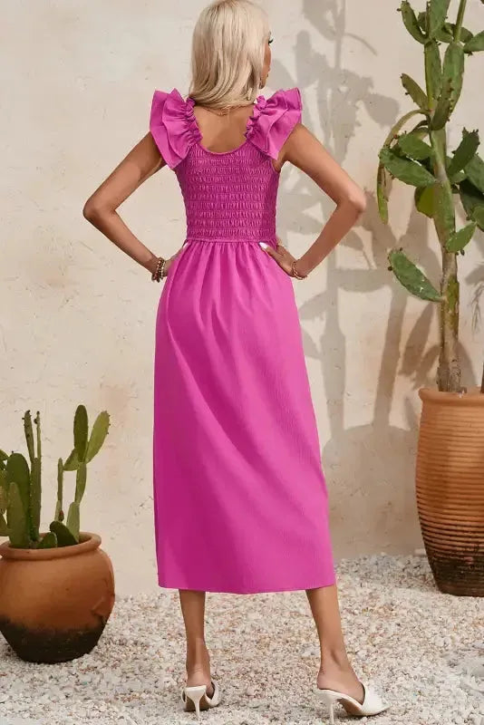 Rose Red Ruffled Straps Smocked Maxi Dress - Fashionfitz