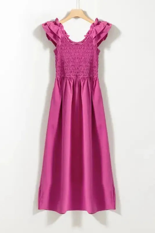 Rose Red Ruffled Straps Smocked Maxi Dress - Fashionfitz