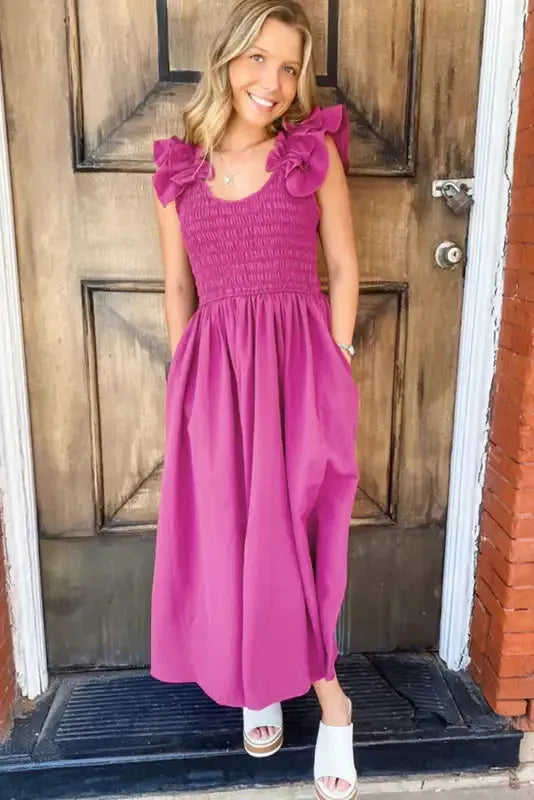 Rose Red Ruffled Straps Smocked Maxi Dress - Fashionfitz