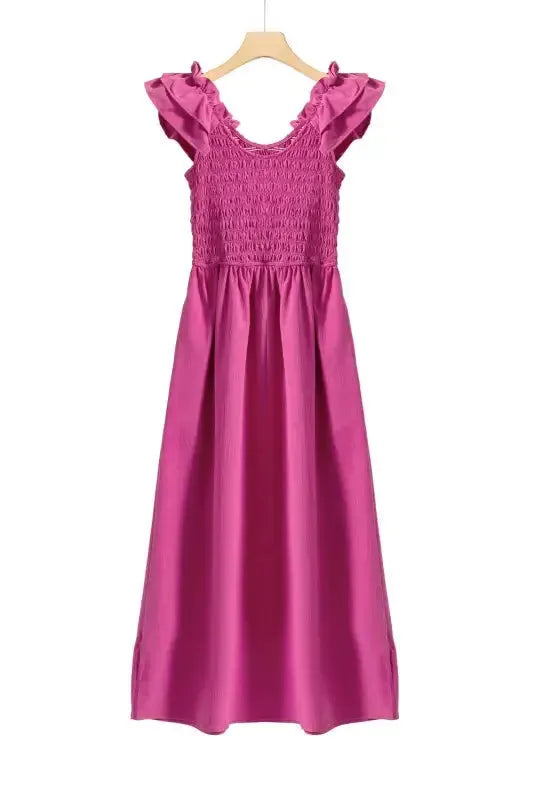 Rose Red Ruffled Straps Smocked Maxi Dress - Fashionfitz