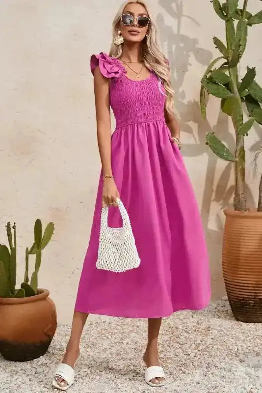 Rose red smocked ruffled strap maxi dress front view — Fashionfitz UK
