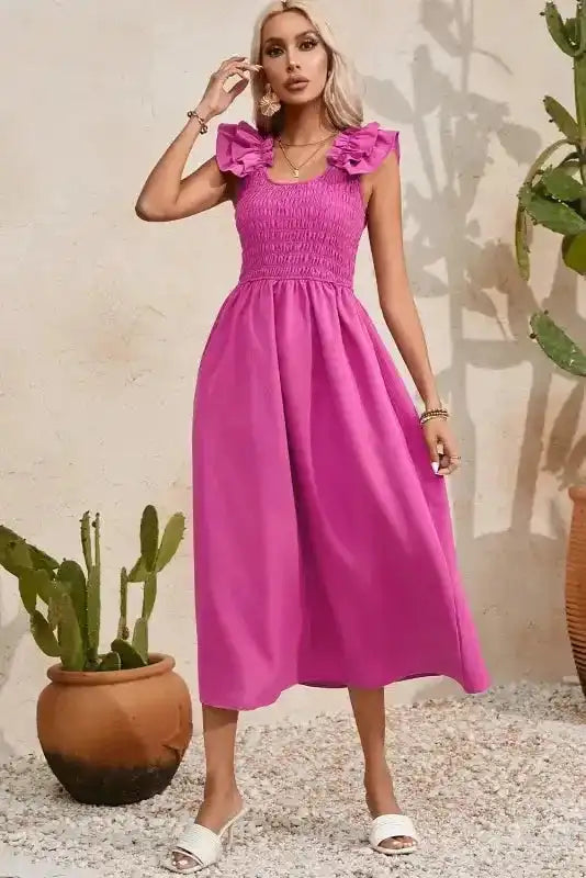 Rose Red Ruffled Straps Smocked Maxi Dress - Fashionfitz