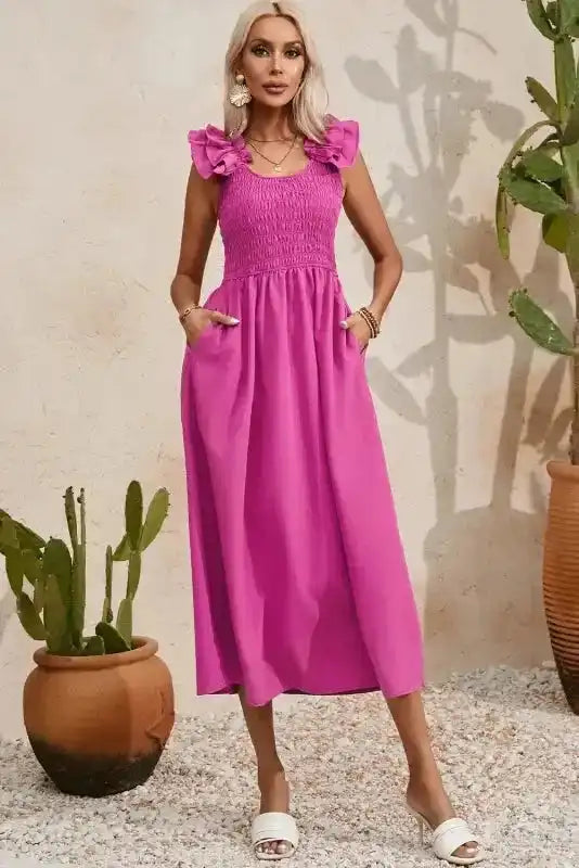 Rose red smocked ruffled strap maxi dress back view — Fashionfitz UK