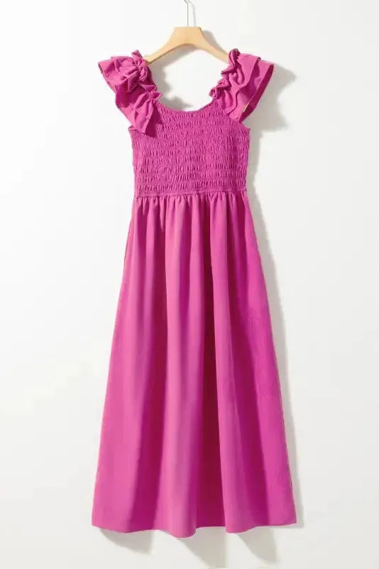 Rose Red Ruffled Straps Smocked Maxi Dress - Fashionfitz