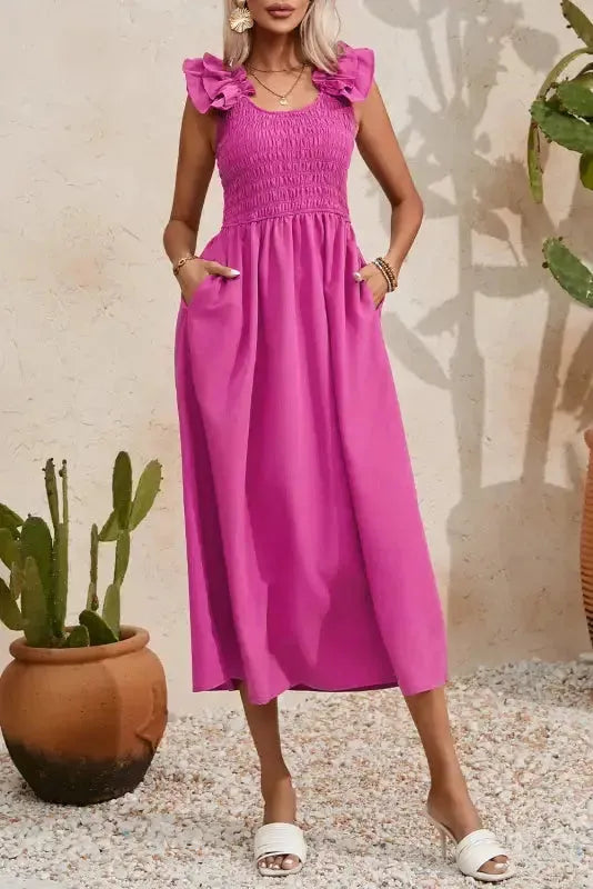 Rose Red Ruffled Straps Smocked Maxi Dress - Fashionfitz