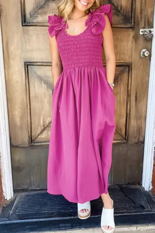 Rose Red Ruffled Straps Smocked Maxi Dress - Fashionfitz
