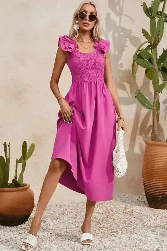 Rose Red Ruffled Straps Smocked Maxi Dress - Fashionfitz