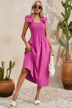 Rose Red Ruffled Straps Smocked Maxi Dress - Fashionfitz