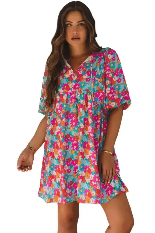 Sky Blue Floral Print Tie Split Neck Bubble Sleeve Baby-doll Dress - Fashionfitz