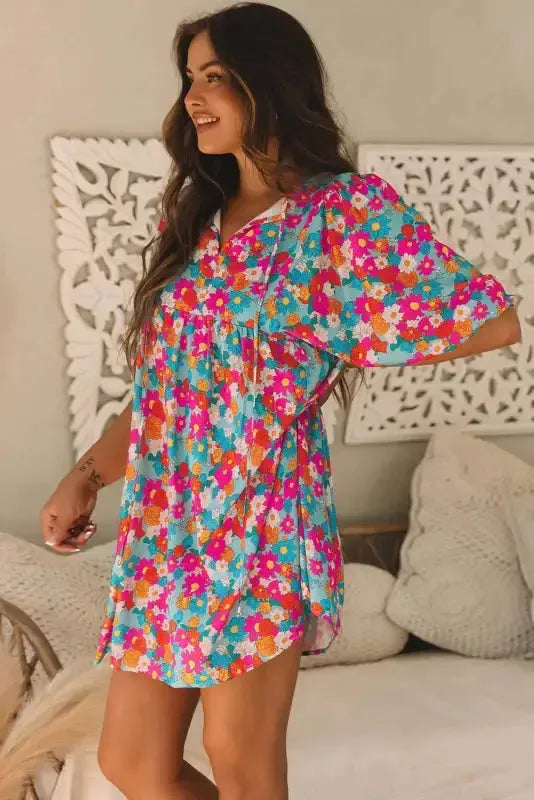 Sky Blue Floral Print Tie Split Neck Bubble Sleeve Baby-doll Dress - Fashionfitz