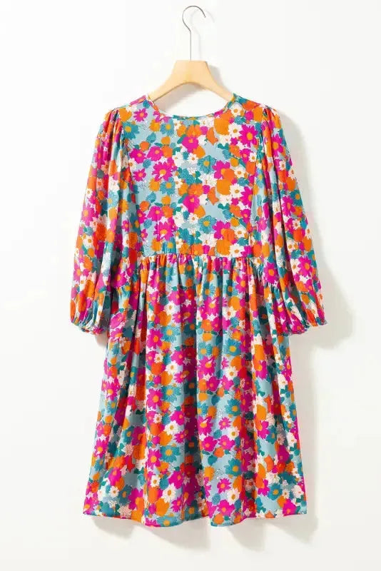 Sky Blue Floral Print Tie Split Neck Bubble Sleeve Baby-doll Dress - Fashionfitz