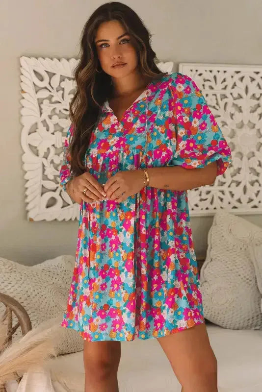 Sky Blue Floral Print Tie Split Neck Bubble Sleeve Baby-doll Dress - Fashionfitz