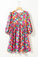 Sky Blue Floral Print Tie Split Neck Bubble Sleeve Baby-doll Dress - Fashionfitz