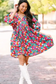 Sky Blue Floral Print Tie Split Neck Bubble Sleeve Baby-doll Dress - Fashionfitz